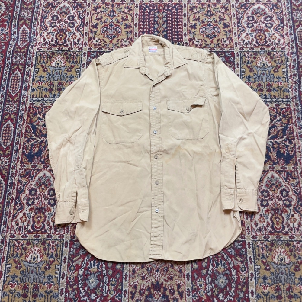 VTG 40s 50s Elbeco Reeves Glengarrie Cotton Poplin Military Work Shirt Tan L USA